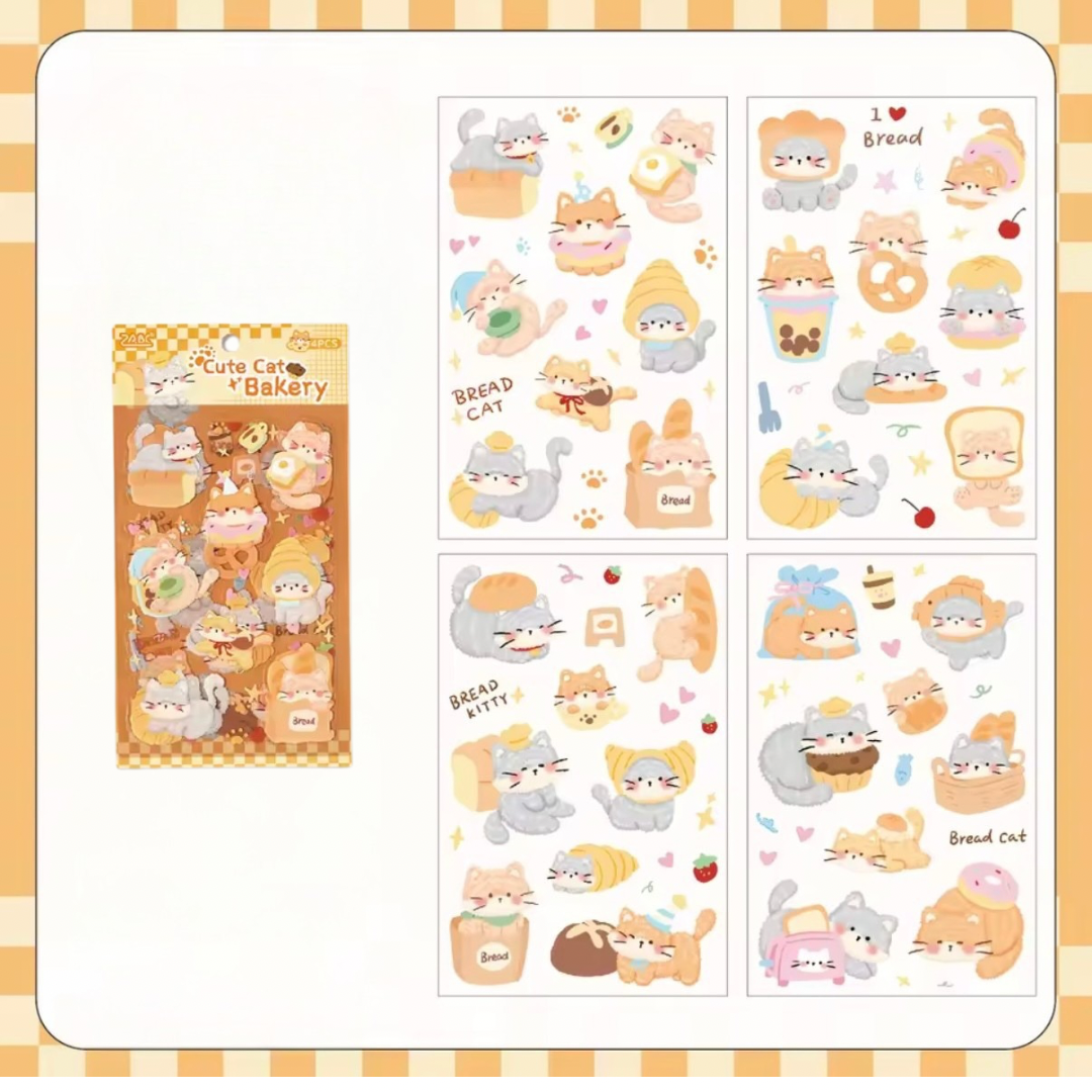 4pcs Cute Cat Bakery Sticker Sheets