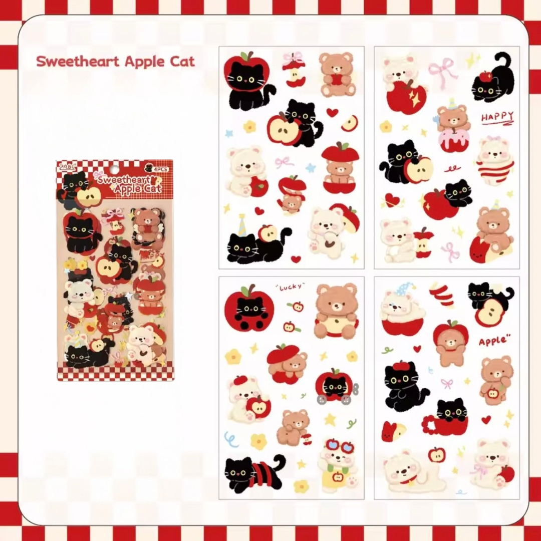 4pcs Sweetheart Apple Cat Sticker Sheets