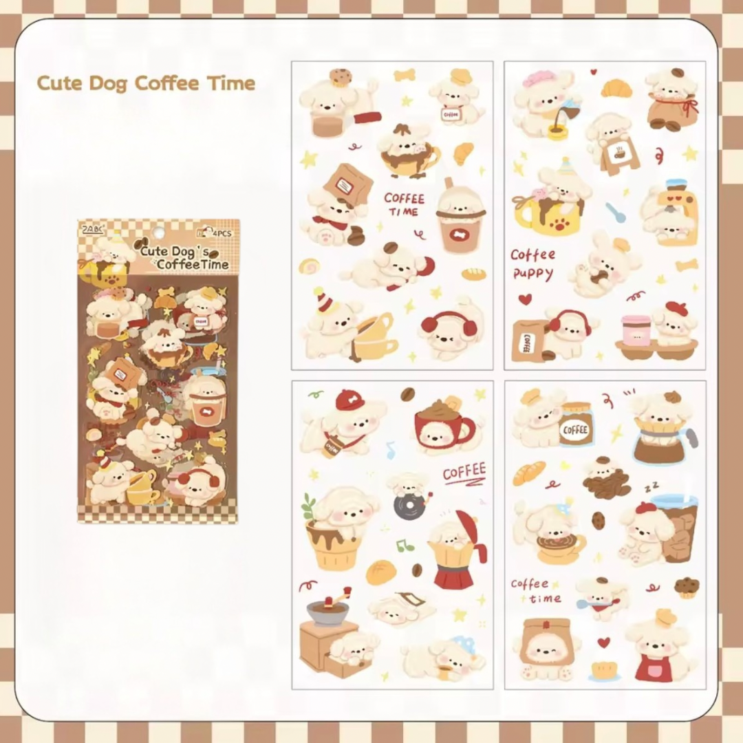 4pcs Cute Dog Coffee Time Sticker Sheets