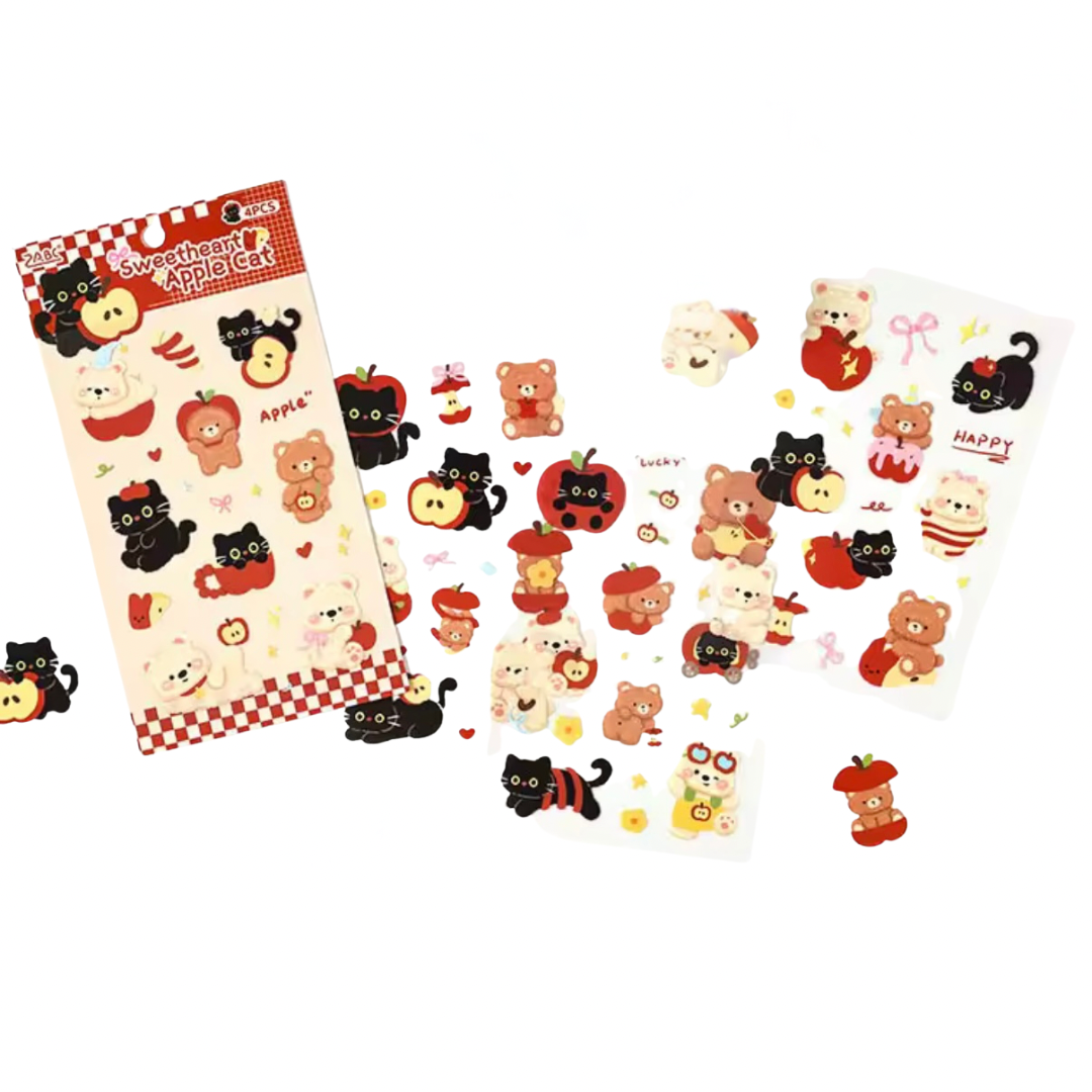 4pcs Sweetheart Apple Cat Sticker Sheets